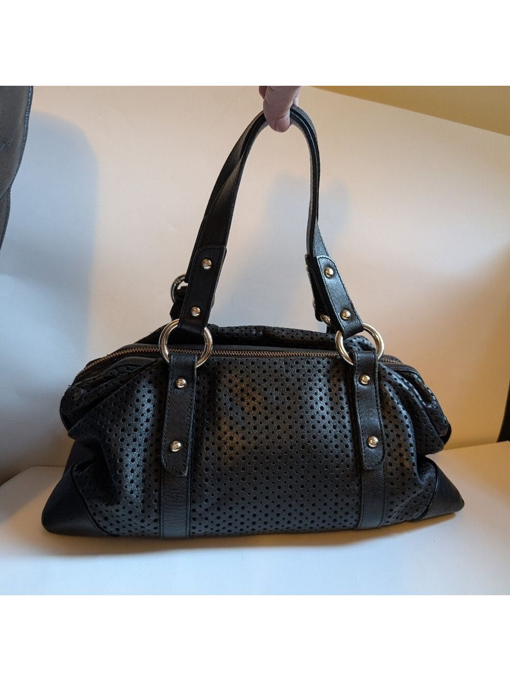 Emporio Armani Elegant Black Perforated Handbag In VGUC